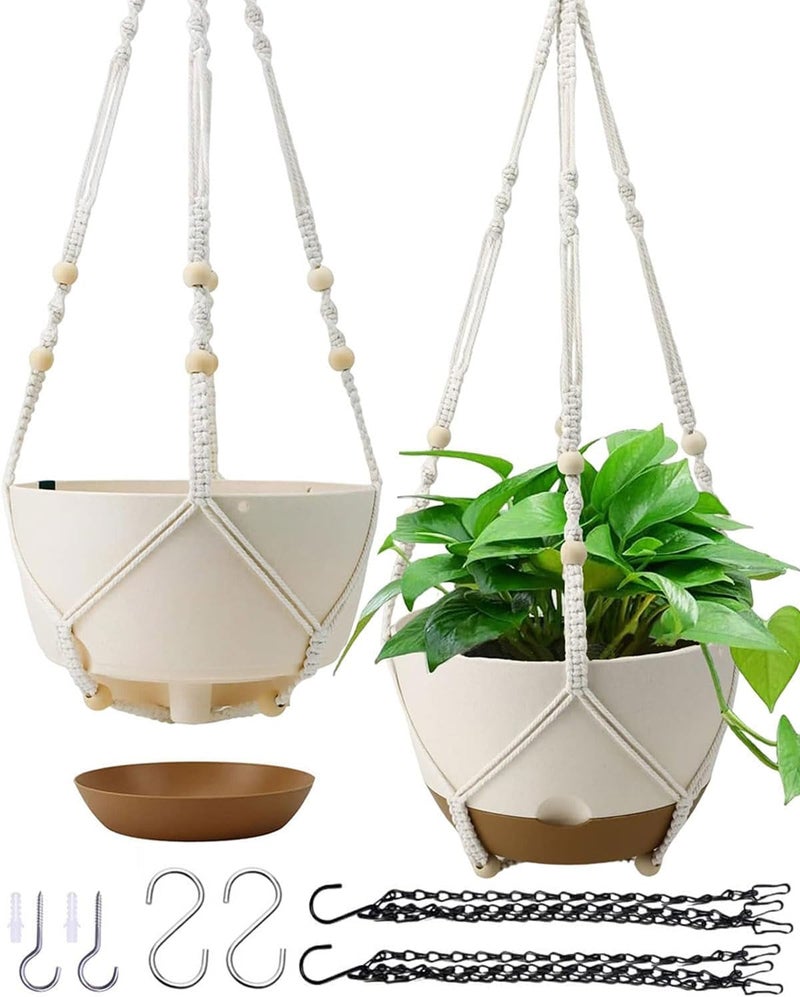 Koalaime Hanging Planters for Indoor Plants, 2 Pack 10 Inch Self Watering Pots with Macrame Plant Hanger, Hanging Baskets Holder for Outdoor Garden Home Ceiling Window Decor - Image 1